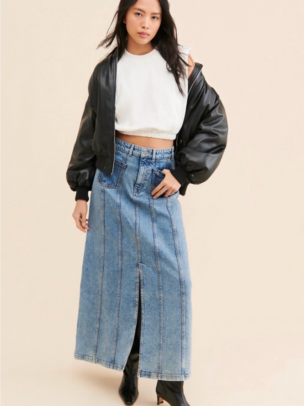 Baum und pferdgarten Light Blue Denim Maxi Skirt with Center Front Slit size 4